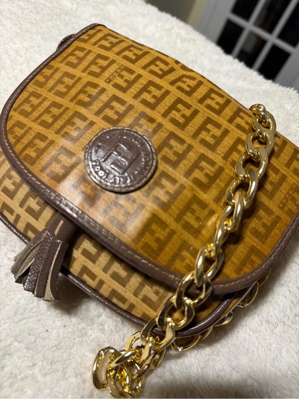 Fendi Monogram Canvas Crossbody in Tan and Brown with Gold Chain